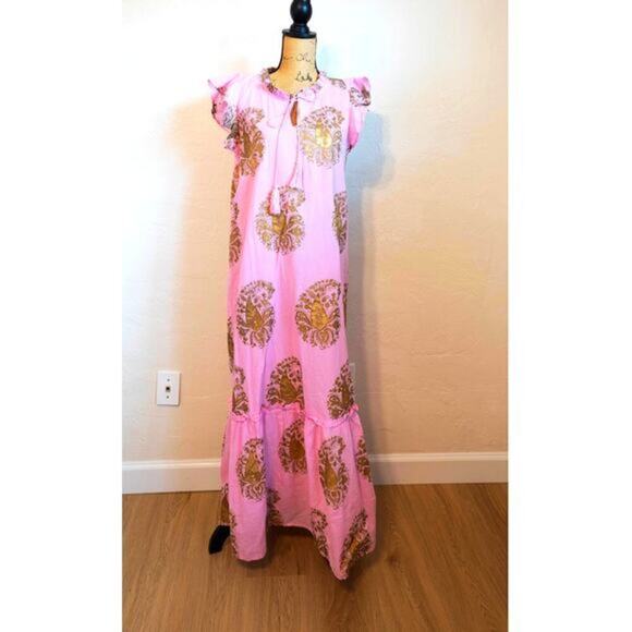 fitzroy&willa NWOT Cotton Pink & Gold Long Madi Dress Size Medium - Picture 1 of 7